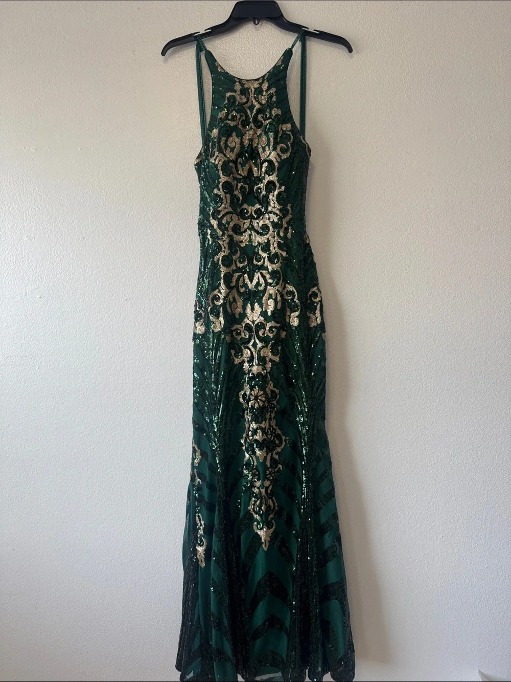 Emerald Green Sequin Halter Prom Gown with Gold Embellishment - Picture 1 of 2